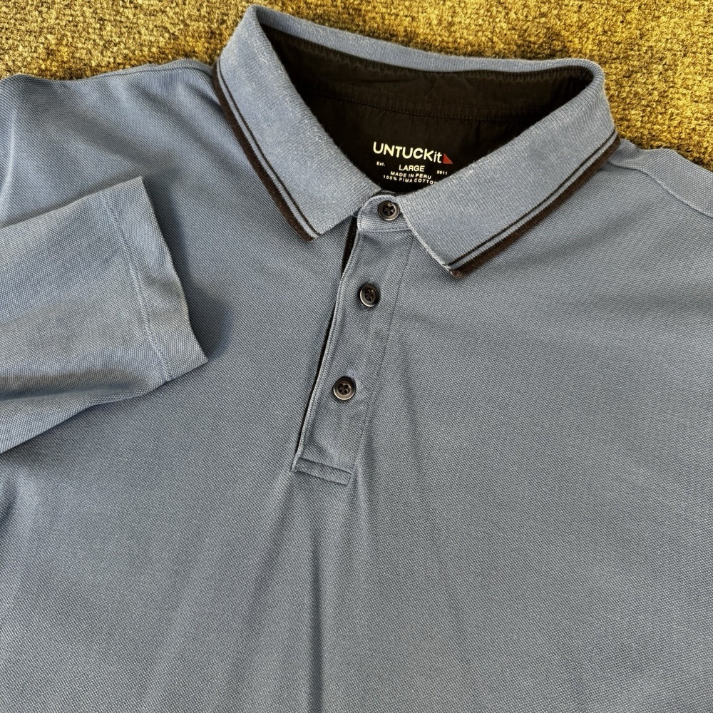 Untuckit Polo Shirt Mens L Blue Pima Cotton Long Sleeve Regular